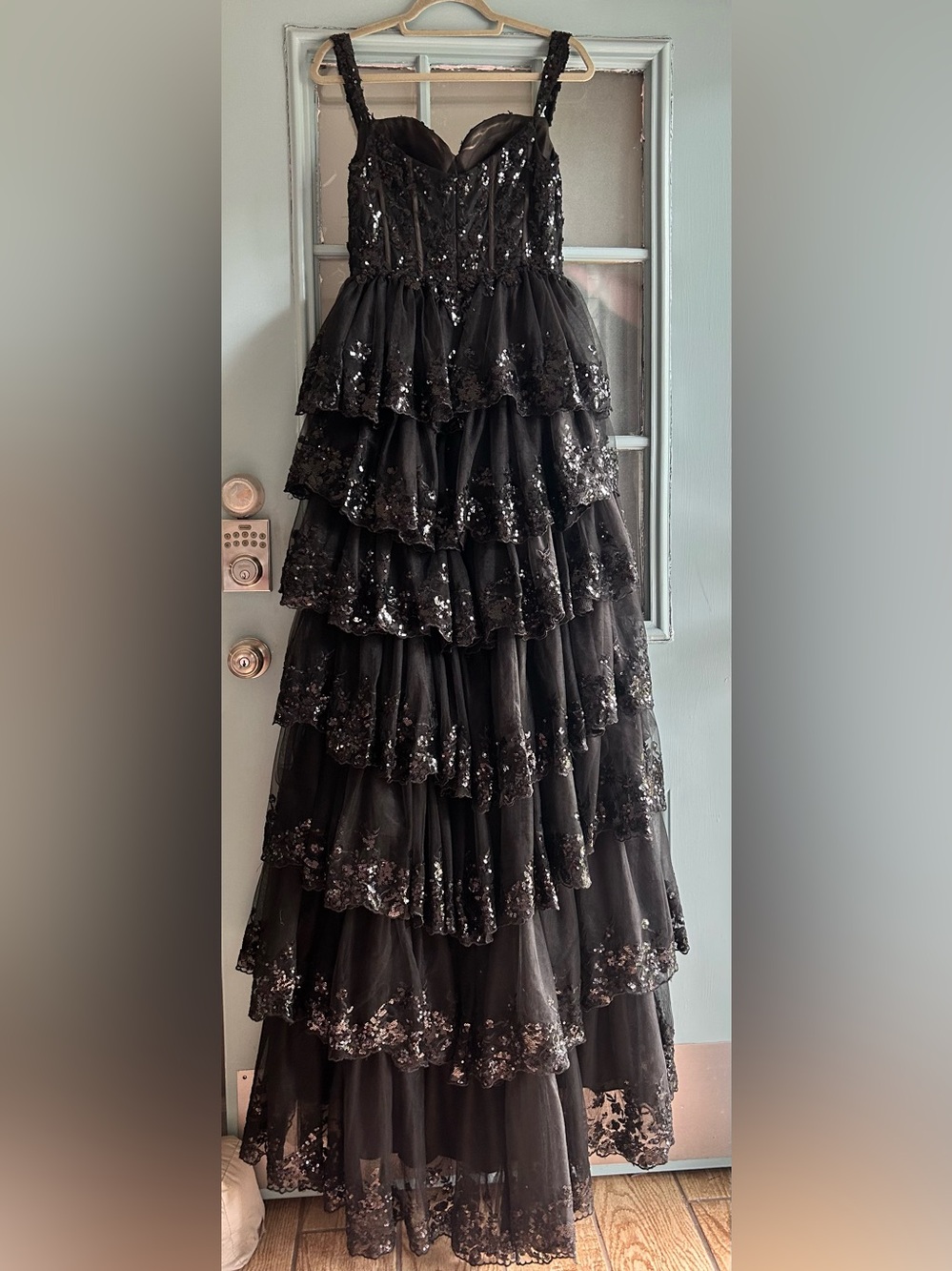 Tiered Ruffle Corset Sequin Tulle Prom High Slit Long Formal Dress Ball Gown - Picture 5 of 12